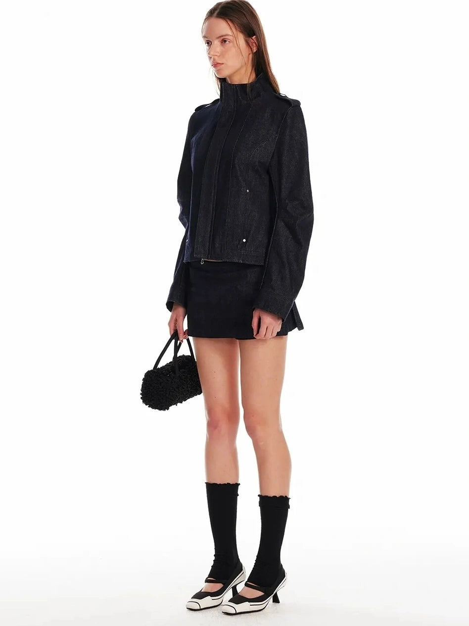 24ans Vintage Stand Collar Gigot Sleeve Denim Jacket Jacket