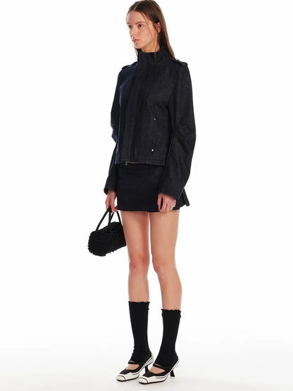 24ans Vintage Stand Collar Gigot Sleeve Denim Jacket Jacket