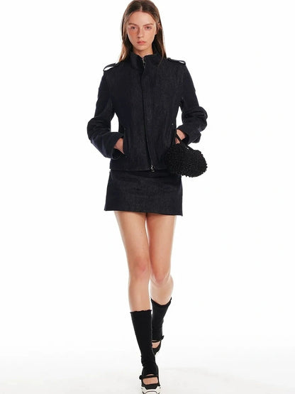 24ans Vintage Stand Collar Gigot Sleeve Denim Jacket Jacket