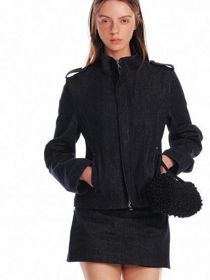 24ans Vintage Stand Collar Gigot Sleeve Denim Jacket Jacket