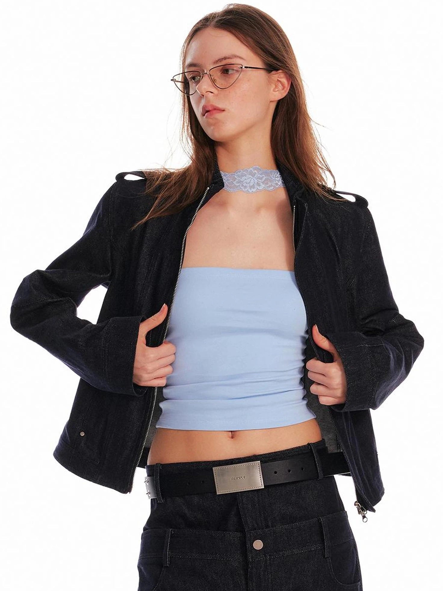 24ans Vintage Stand Collar Gigot Sleeve Denim Jacket Jacket