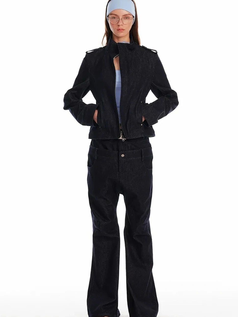 24ans Vintage Stand Collar Gigot Sleeve Denim Jacket Jacket