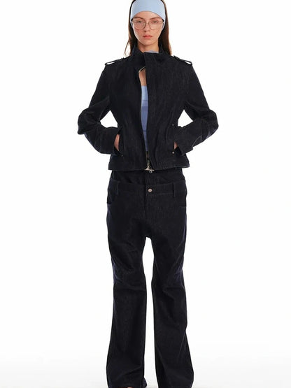 24ans Vintage Stand Collar Gigot Sleeve Denim Jacket Jacket