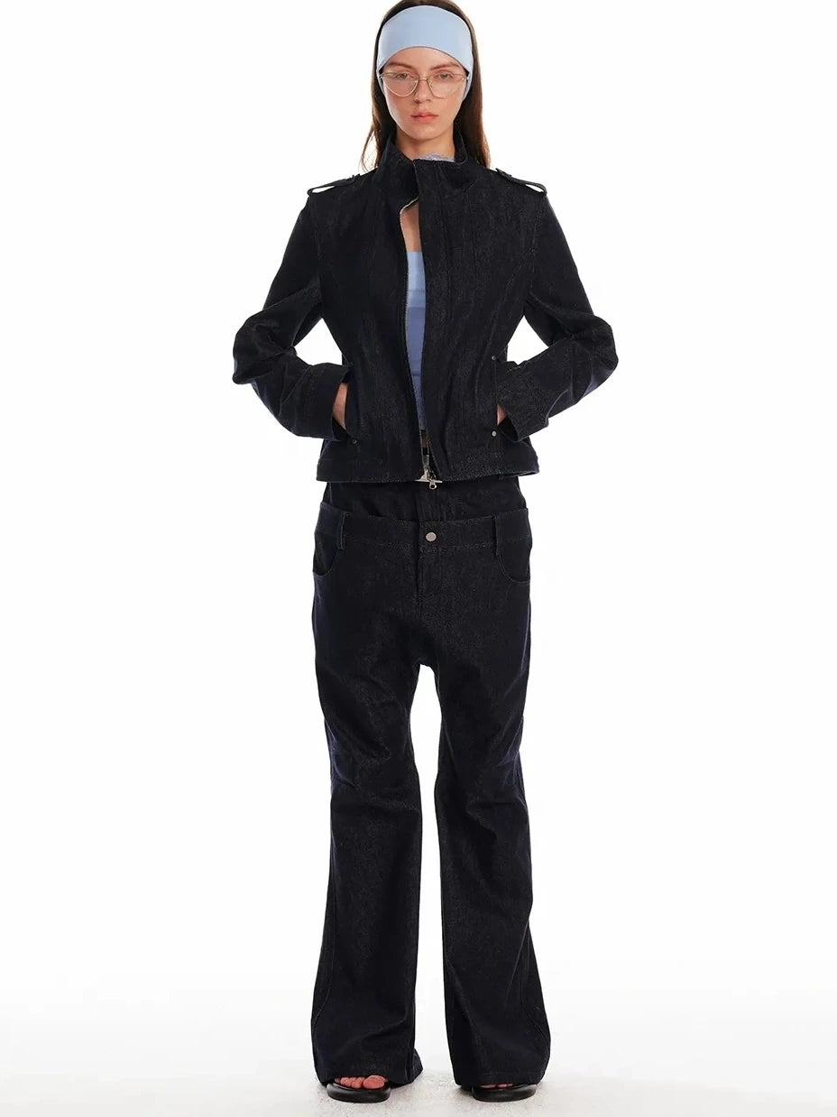 24ans Vintage Stand Collar Gigot Sleeve Denim Jacket Jacket