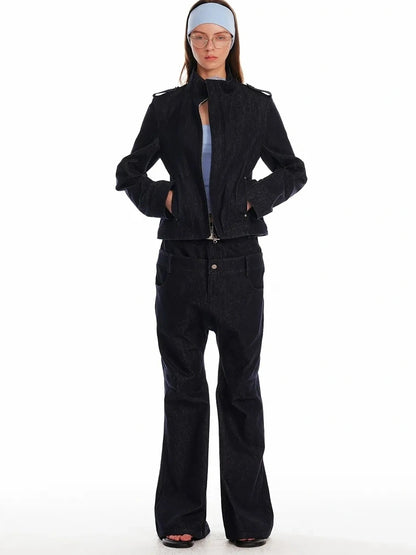 24ans Vintage Stand Collar Gigot Sleeve Denim Jacket Jacket