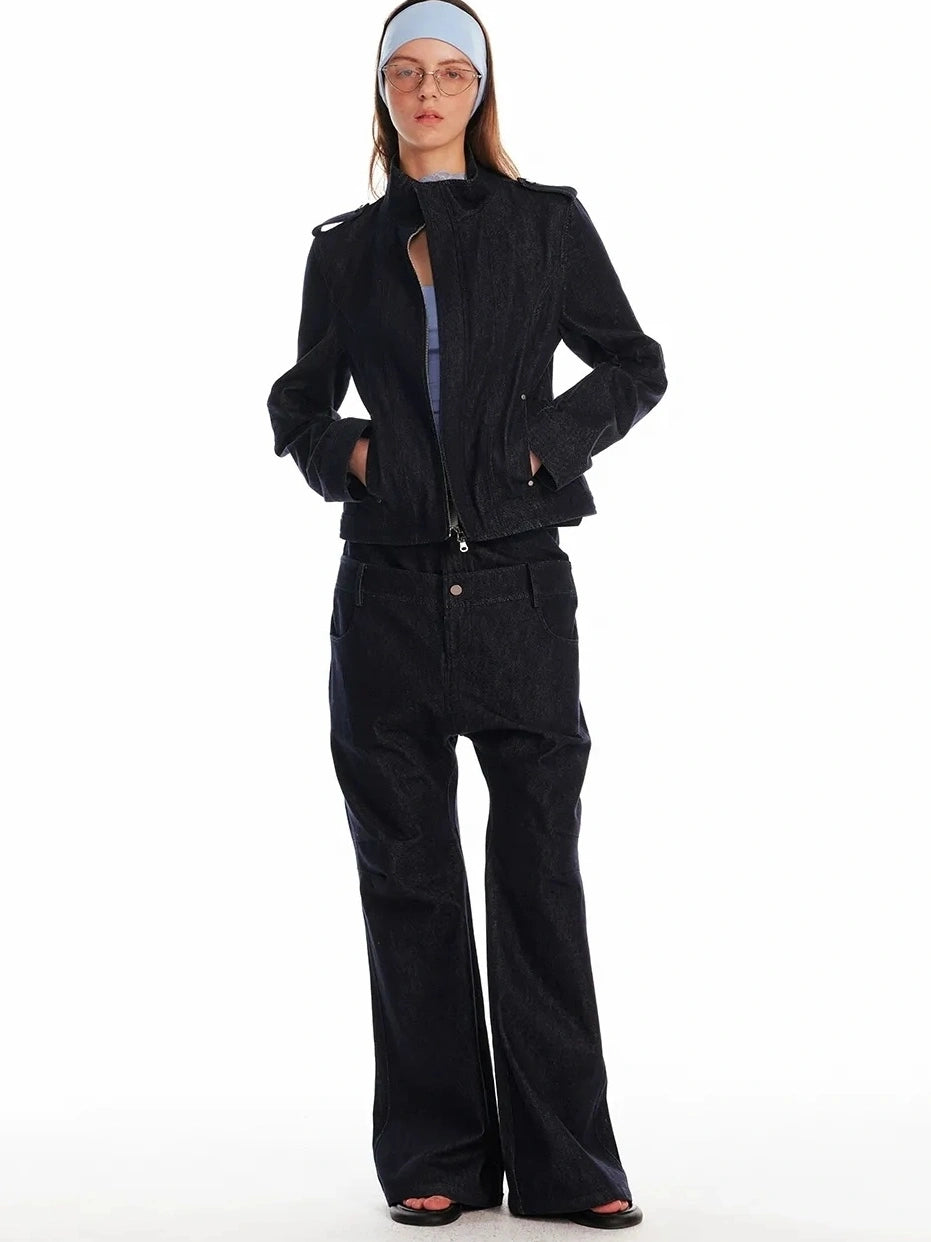 24ans Vintage Stand Collar Gigot Sleeve Denim Jacket Jacket