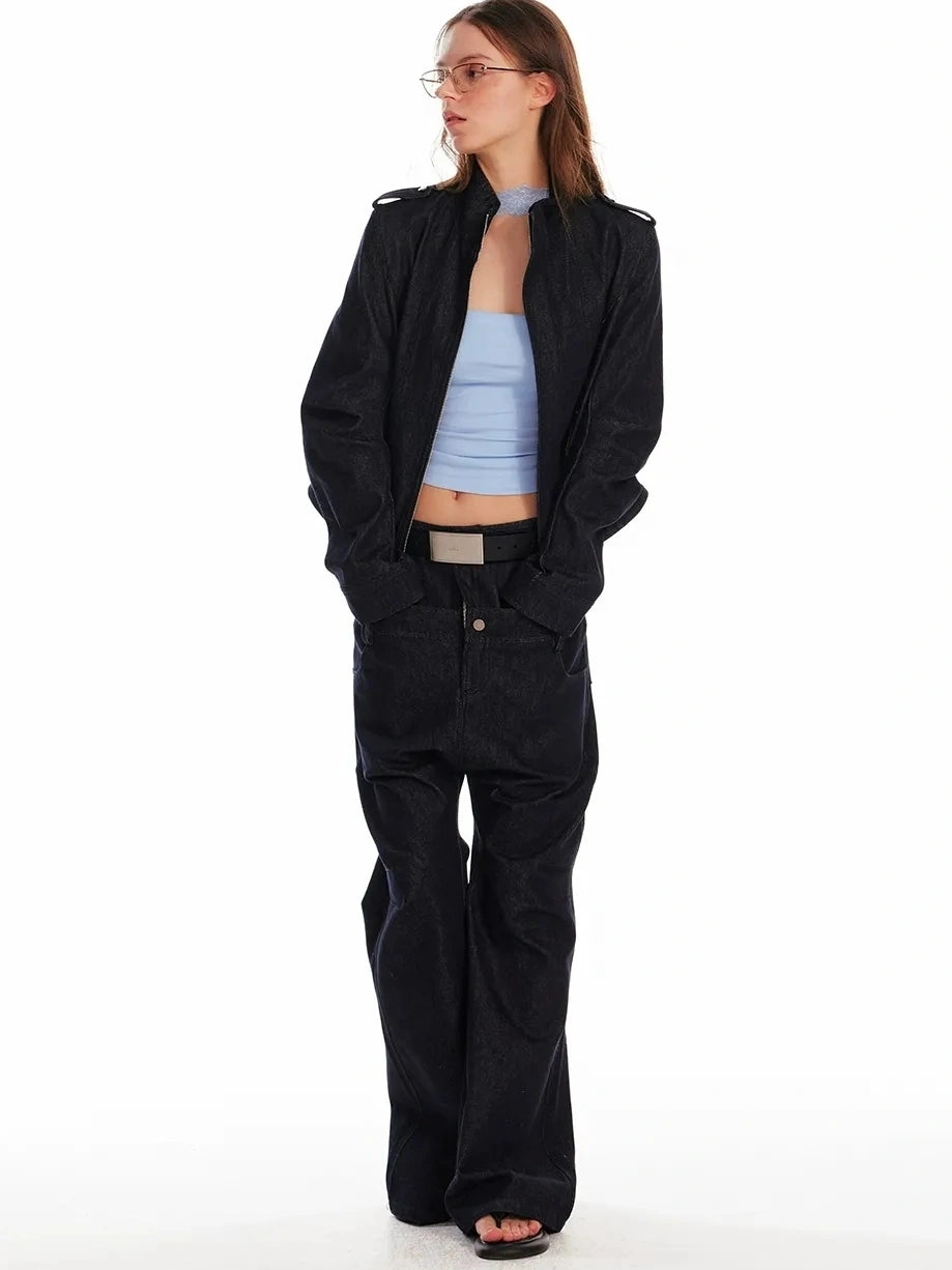 24ans Vintage Stand Collar Gigot Sleeve Denim Jacket Jacket