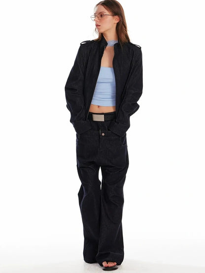 24ans Vintage Stand Collar Gigot Sleeve Denim Jacket Jacket