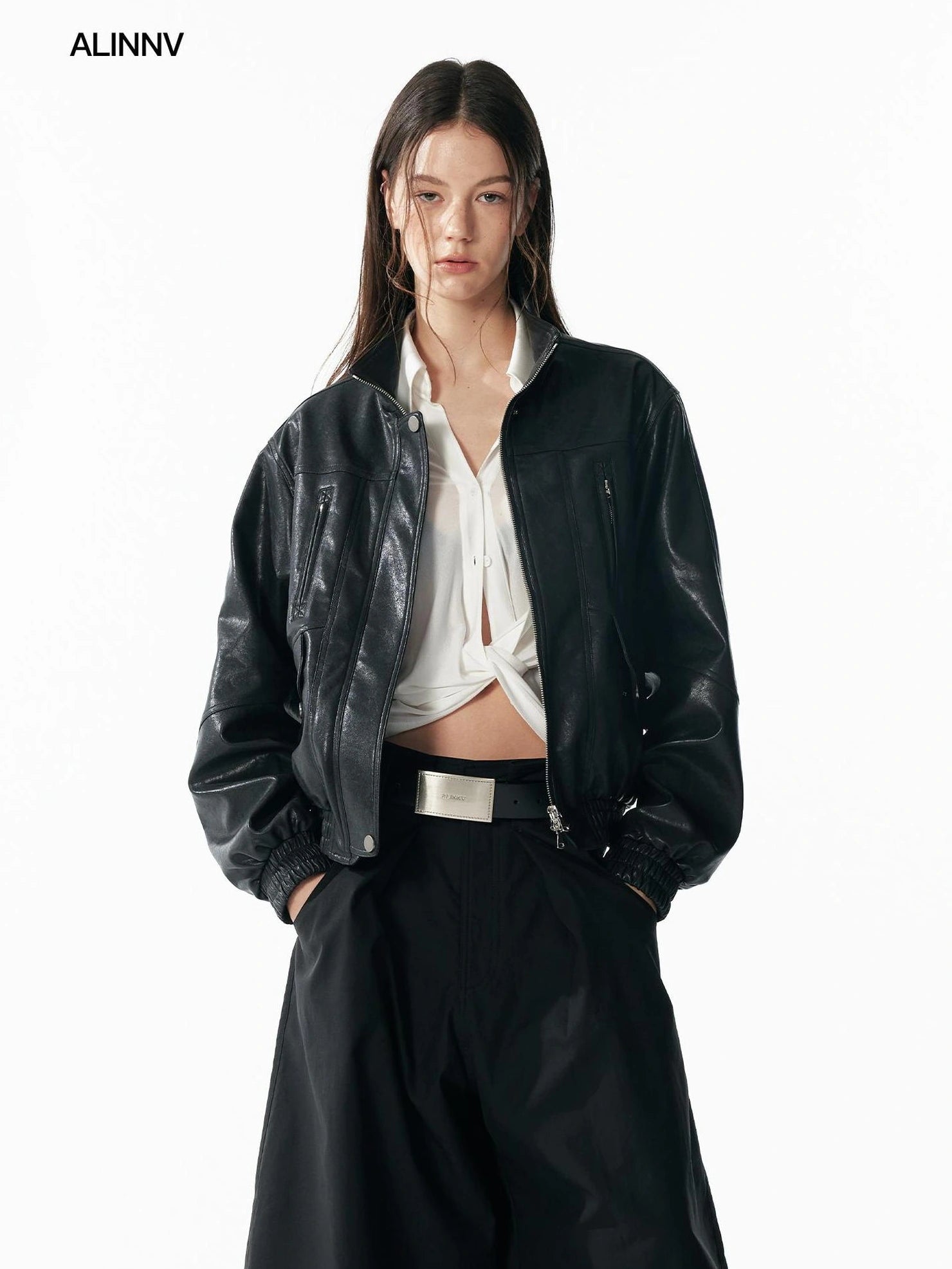 ALINNV STUDIO Vintage Textured Zipper Biker Jacket Jacket