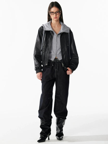 ALINNV STUDIO Vintage Textured Zipper Biker Jacket Jacket