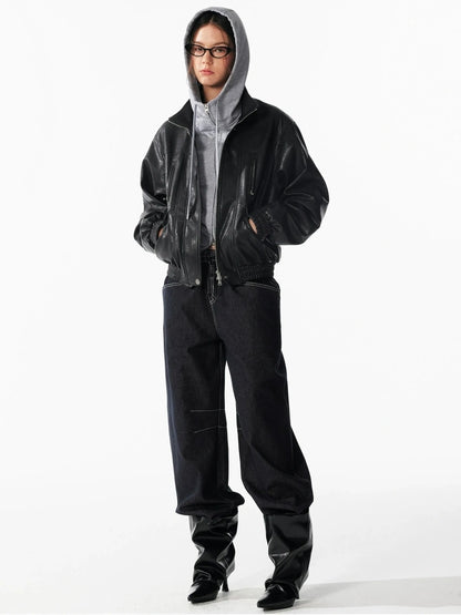 ALINNV STUDIO Vintage Textured Zipper Biker Jacket Jacket