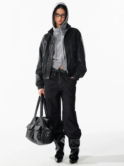 ALINNV STUDIO Vintage Textured Zipper Biker Jacket Jacket