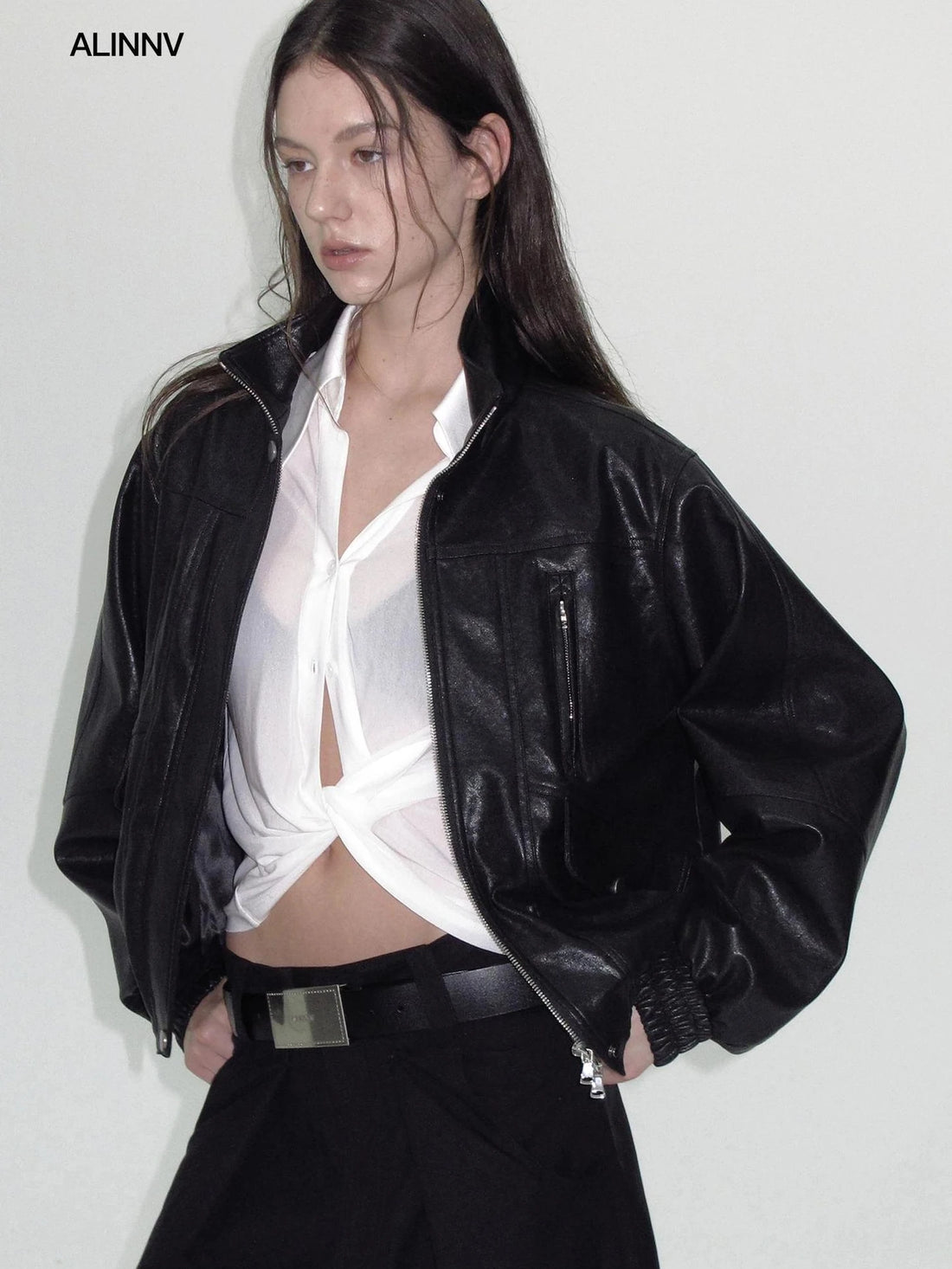 ALINNV STUDIO Vintage Textured Zipper Biker Jacket Jacket