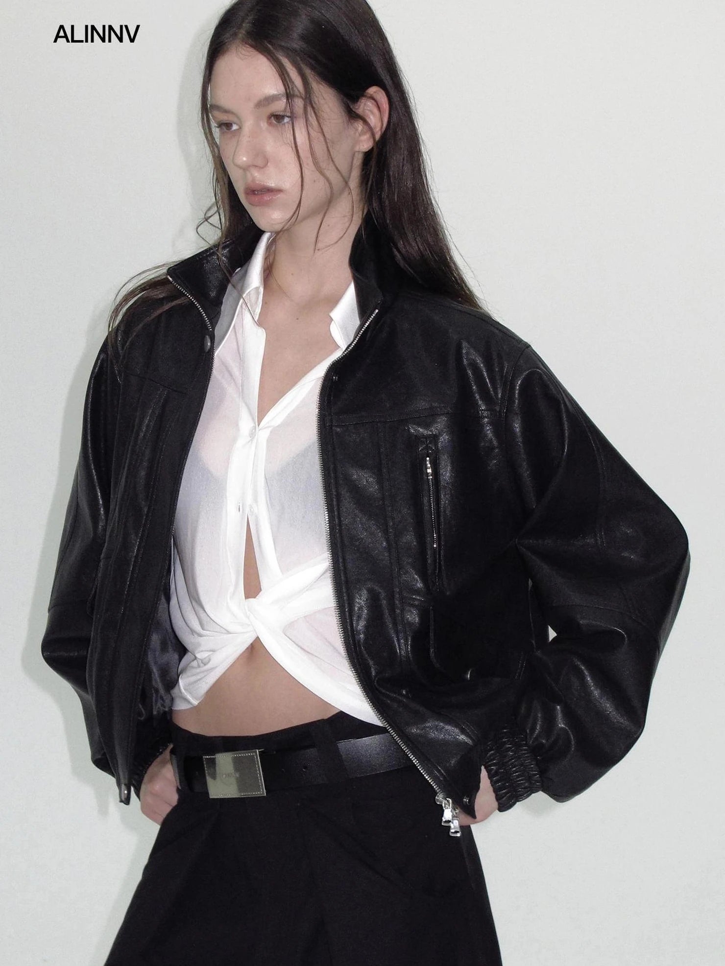 ALINNV STUDIO Vintage Textured Zipper Biker Jacket Jacket