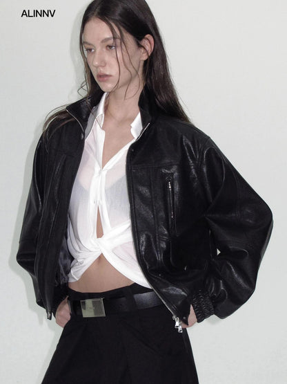 ALINNV STUDIO Vintage Textured Zipper Biker Jacket Jacket