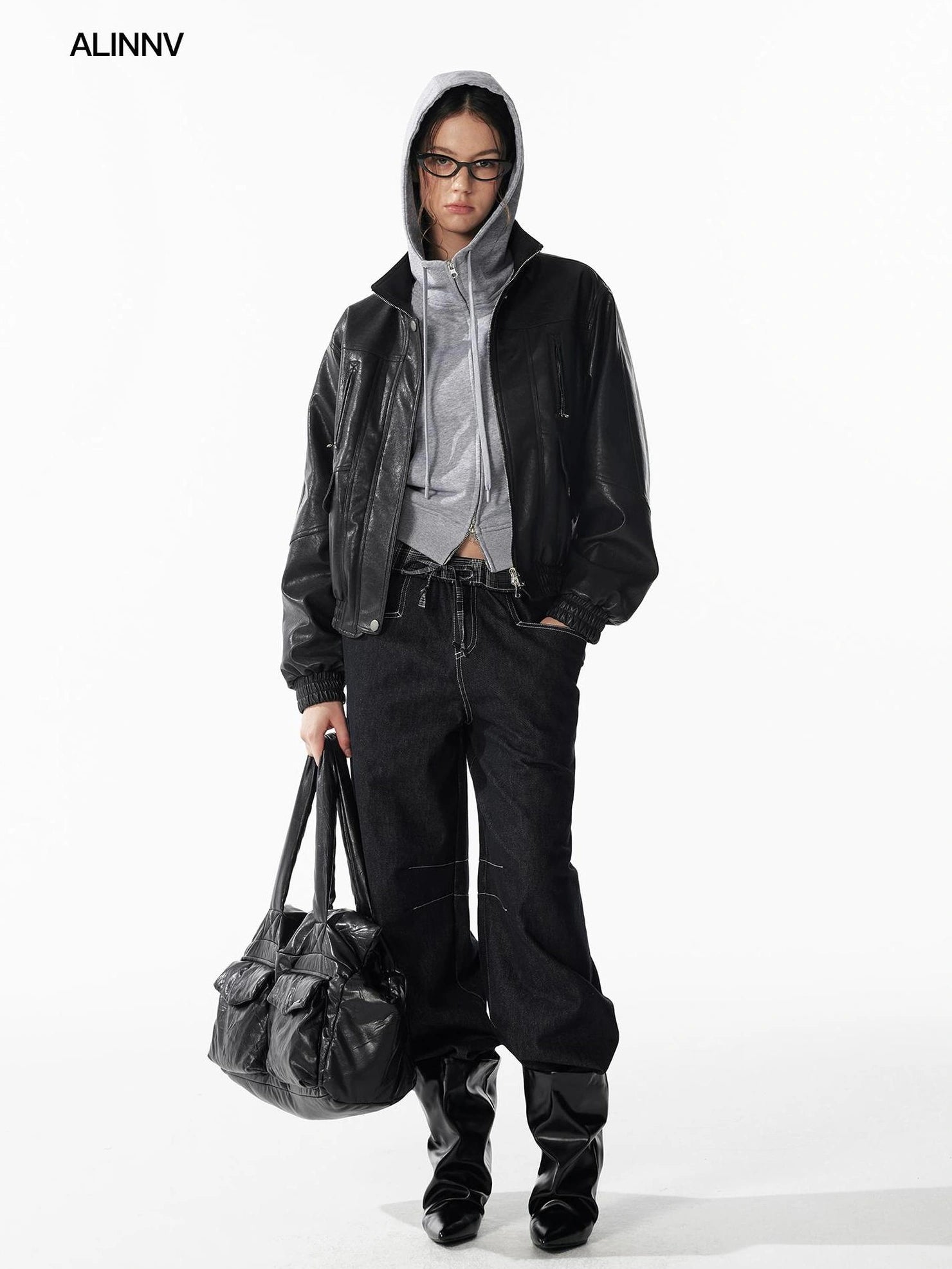 ALINNV STUDIO Vintage Textured Zipper Biker Jacket Jacket