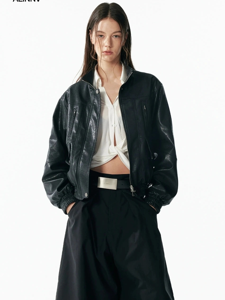 ALINNV STUDIO Vintage Textured Zipper Biker Jacket Jacket