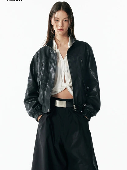 ALINNV STUDIO Vintage Textured Zipper Biker Jacket Jacket