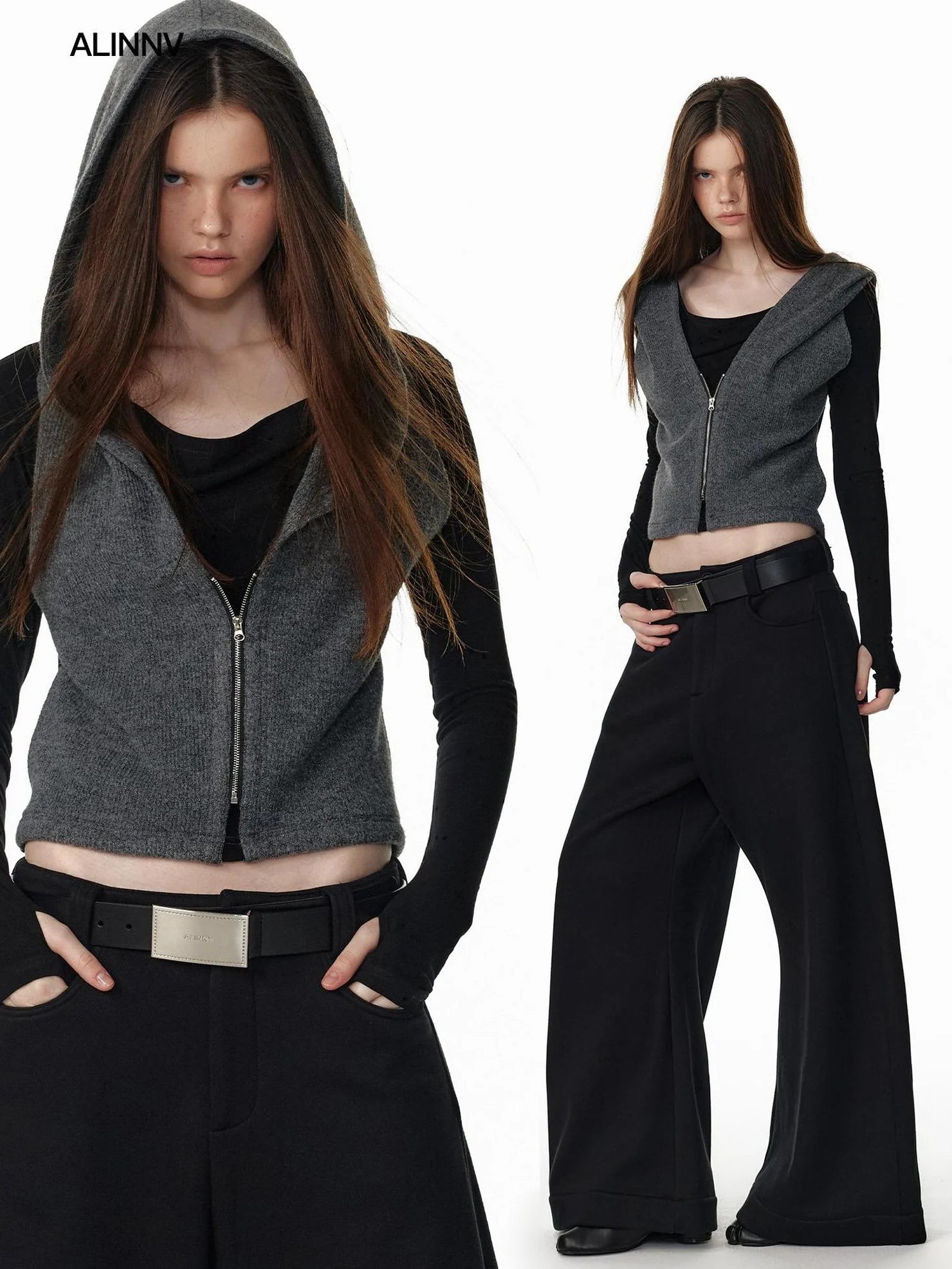 ALINNV STUDIO Vintage Two Tone Hooded Cardigan With Half Zip Cardigan