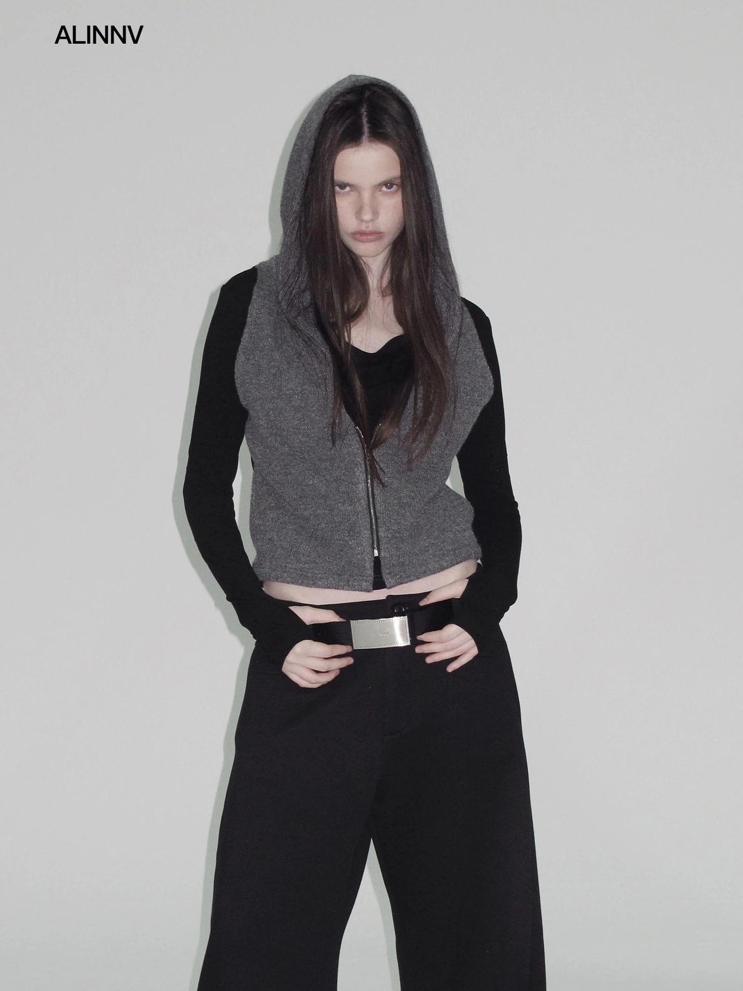 ALINNV STUDIO Vintage Two Tone Hooded Cardigan With Half Zip Cardigan