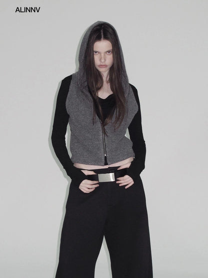 ALINNV STUDIO Vintage Two Tone Hooded Cardigan With Half Zip Cardigan