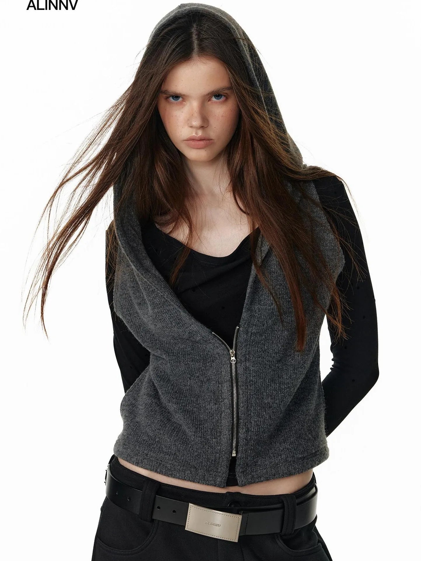 ALINNV STUDIO Vintage Two Tone Hooded Cardigan With Half Zip Cardigan