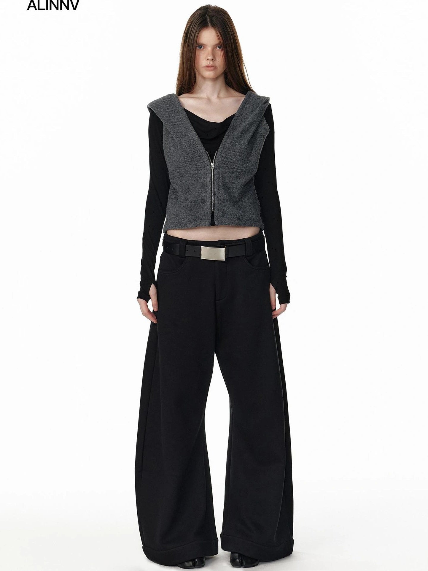 ALINNV STUDIO Vintage Two Tone Hooded Cardigan With Half Zip Cardigan