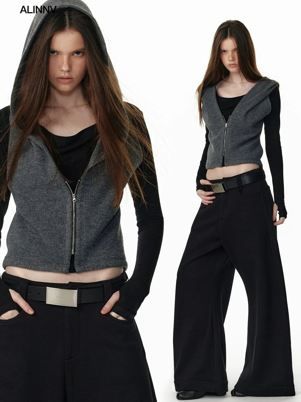 ALINNV STUDIO Vintage Two Tone Hooded Cardigan With Half Zip Cardigan