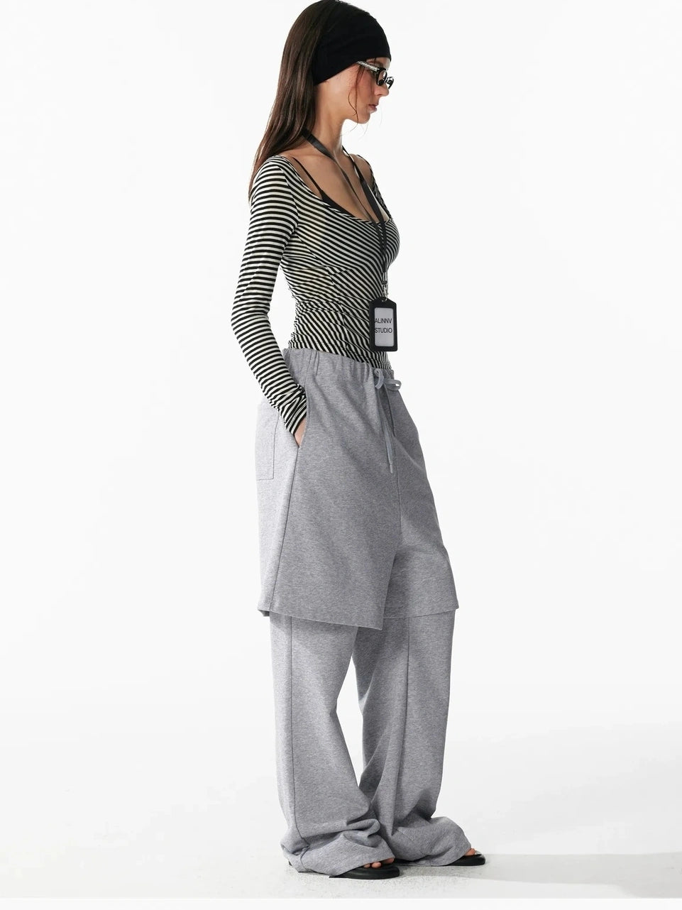 ALINNV STUDIO Vintage U Neck Slim Fit Wool Stripe Tee T-shirt