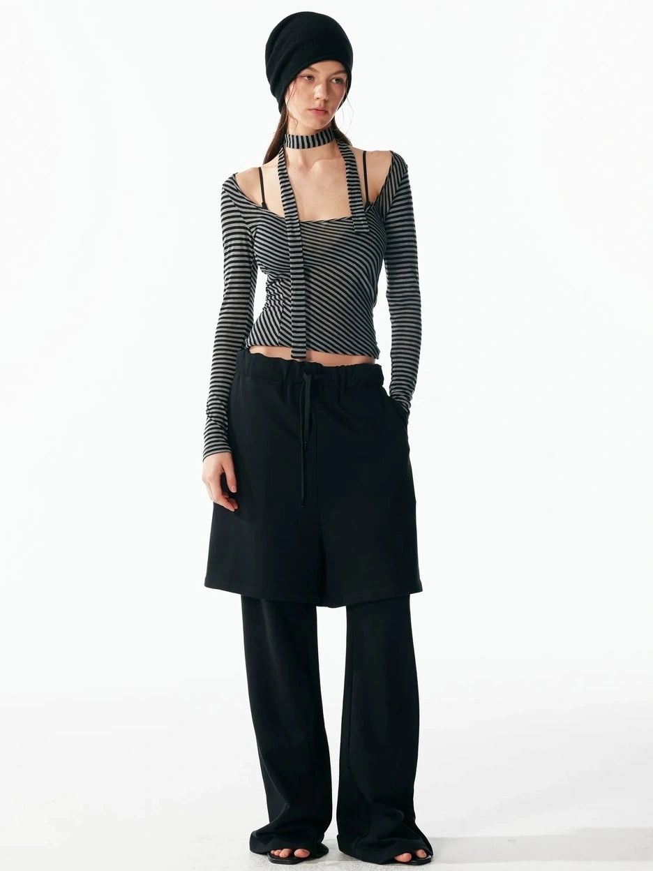 ALINNV STUDIO Vintage U Neck Slim Fit Wool Stripe Tee T-shirt