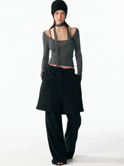 ALINNV STUDIO Vintage U Neck Slim Fit Wool Stripe Tee T-shirt