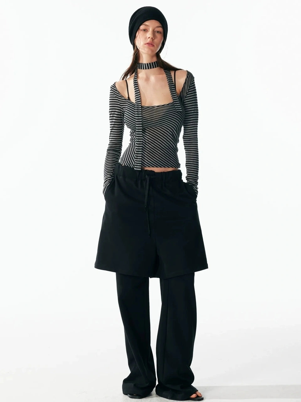 ALINNV STUDIO Vintage U Neck Slim Fit Wool Stripe Tee T-shirt