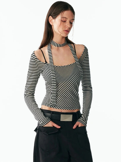 ALINNV STUDIO Vintage U Neck Slim Fit Wool Stripe Tee T-shirt