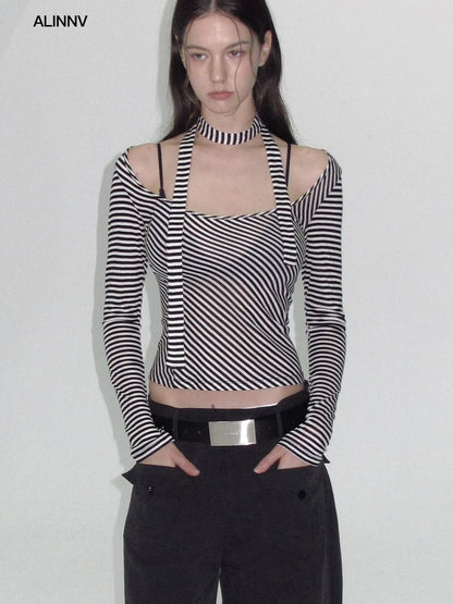 ALINNV STUDIO Vintage U Neck Slim Fit Wool Stripe Tee T-shirt