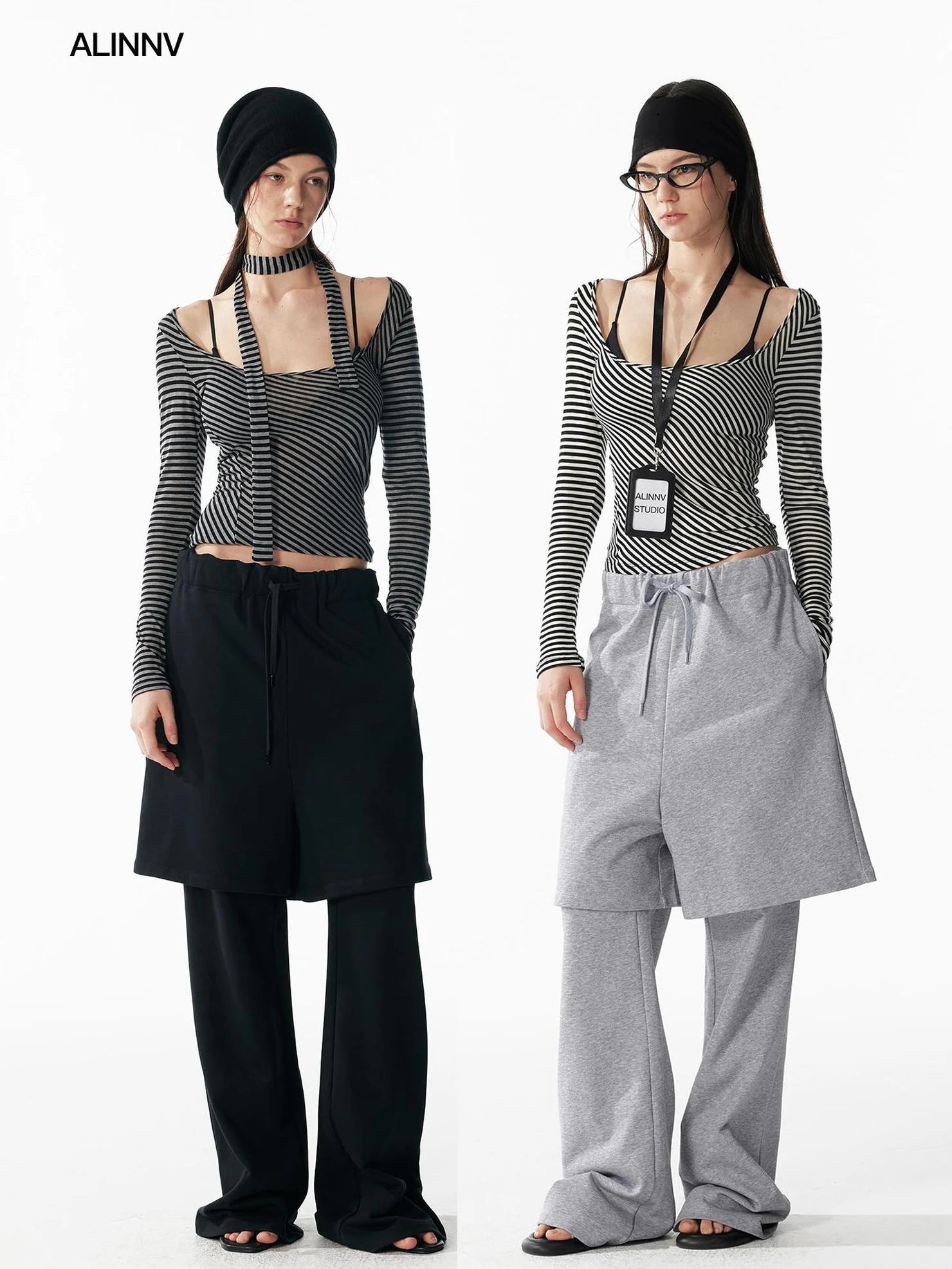 ALINNV STUDIO Vintage U Neck Slim Fit Wool Stripe Tee T-shirt