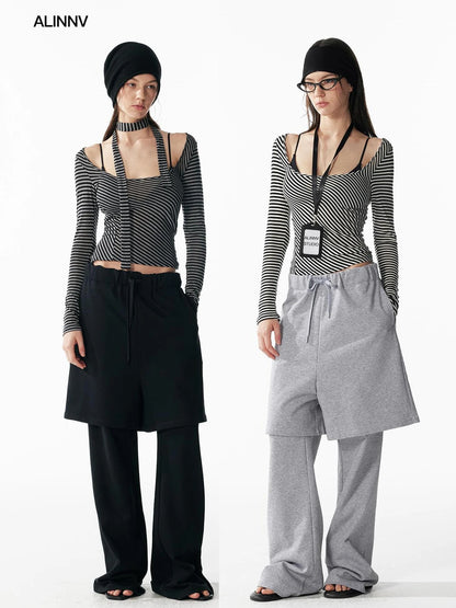 ALINNV STUDIO Vintage U Neck Slim Fit Wool Stripe Tee T-shirt
