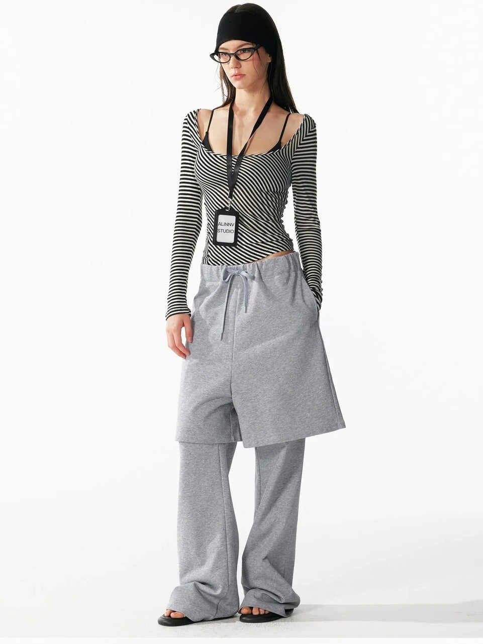 ALINNV STUDIO Vintage U Neck Slim Fit Wool Stripe Tee T-shirt