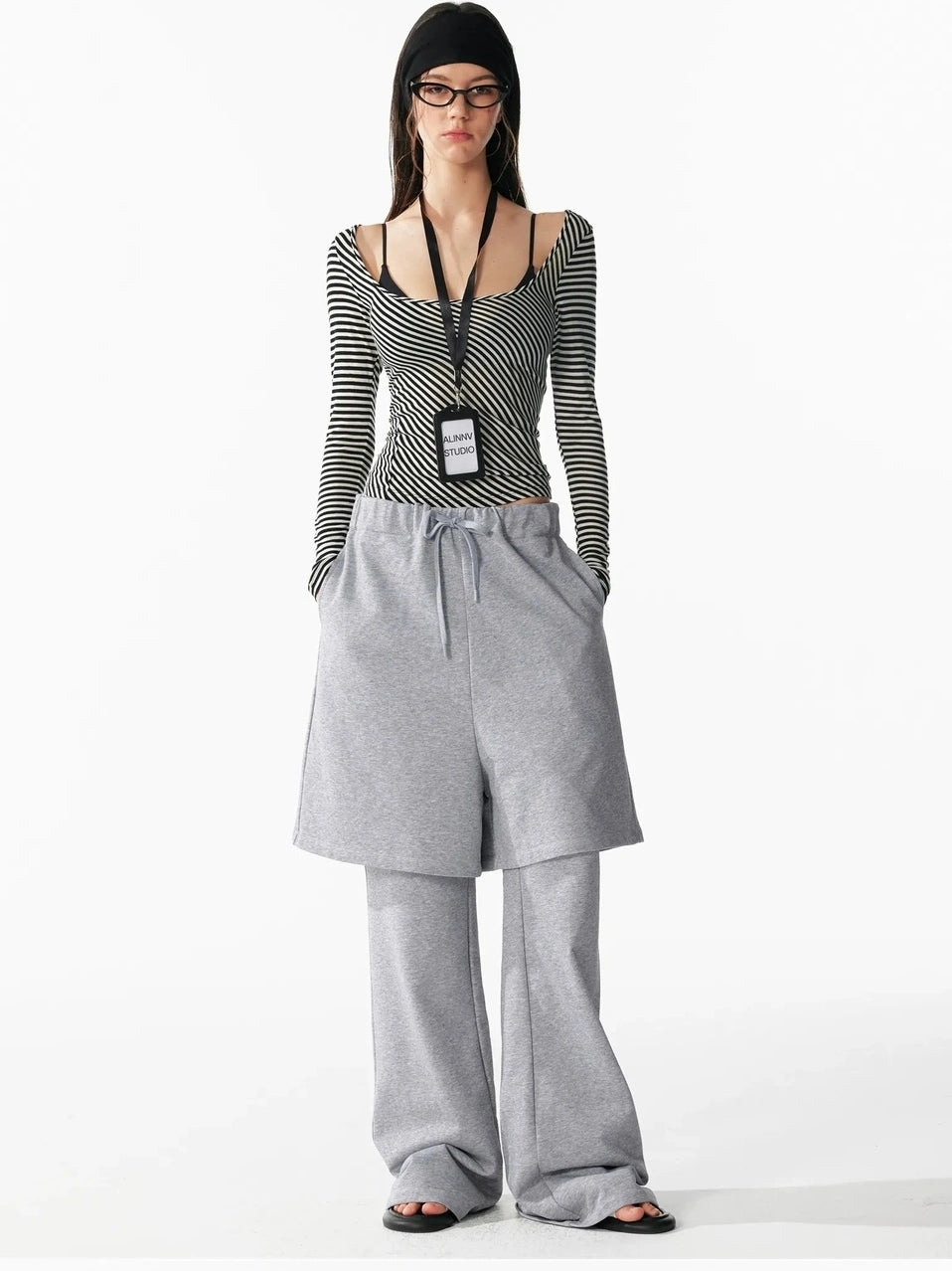 ALINNV STUDIO Vintage U Neck Slim Fit Wool Stripe Tee T-shirt