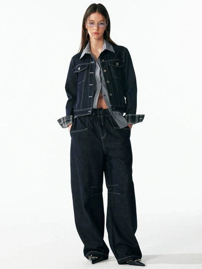 ALINNV STUDIO Vintage Washed Denim Jacket With Contrast Stitching And Plaid Cuff Jacket