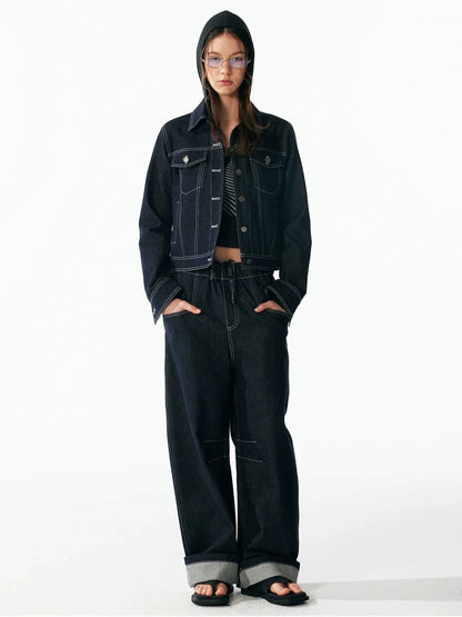 ALINNV STUDIO Vintage Washed Denim Jacket With Contrast Stitching And Plaid Cuff Jacket