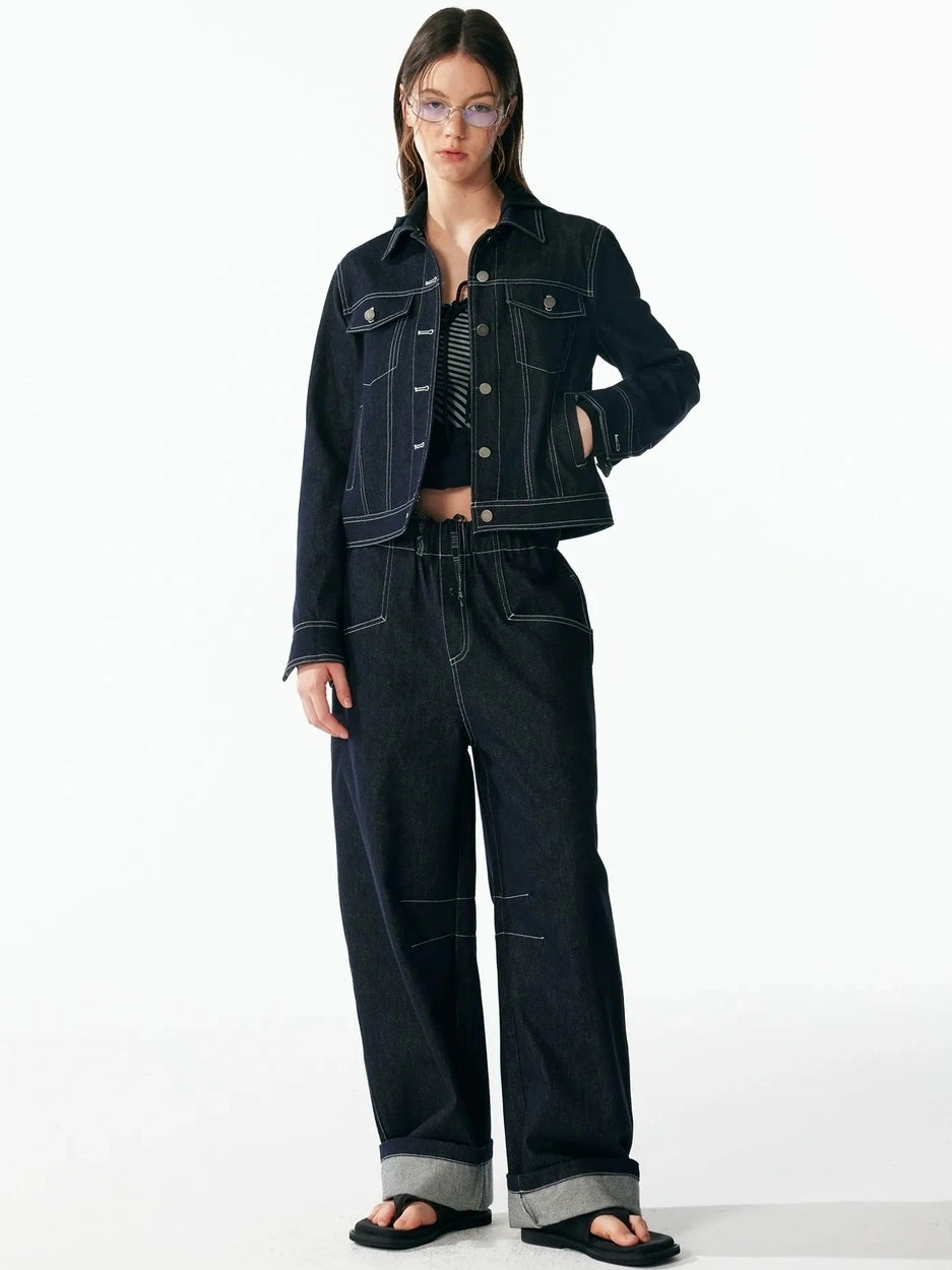 ALINNV STUDIO Vintage Washed Denim Jacket With Contrast Stitching And Plaid Cuff Jacket