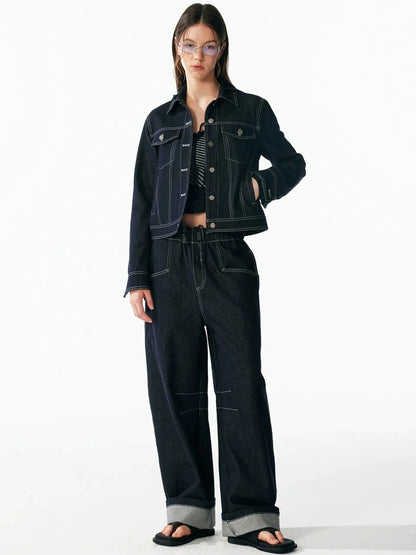 ALINNV STUDIO Vintage Washed Denim Jacket With Contrast Stitching And Plaid Cuff Jacket