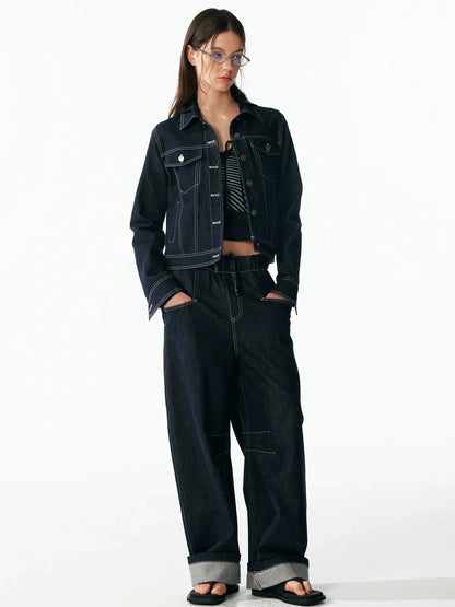 ALINNV STUDIO Vintage Washed Denim Jacket With Contrast Stitching And Plaid Cuff Jacket