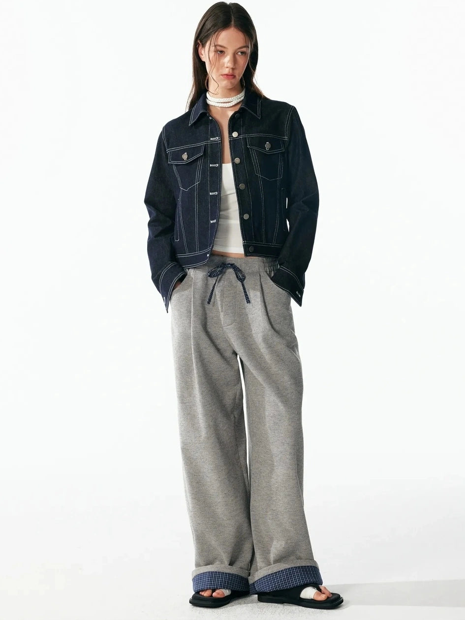 ALINNV STUDIO Vintage Washed Denim Jacket With Contrast Stitching And Plaid Cuff Jacket