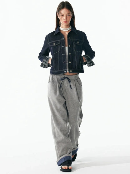 ALINNV STUDIO Vintage Washed Denim Jacket With Contrast Stitching And Plaid Cuff Jacket