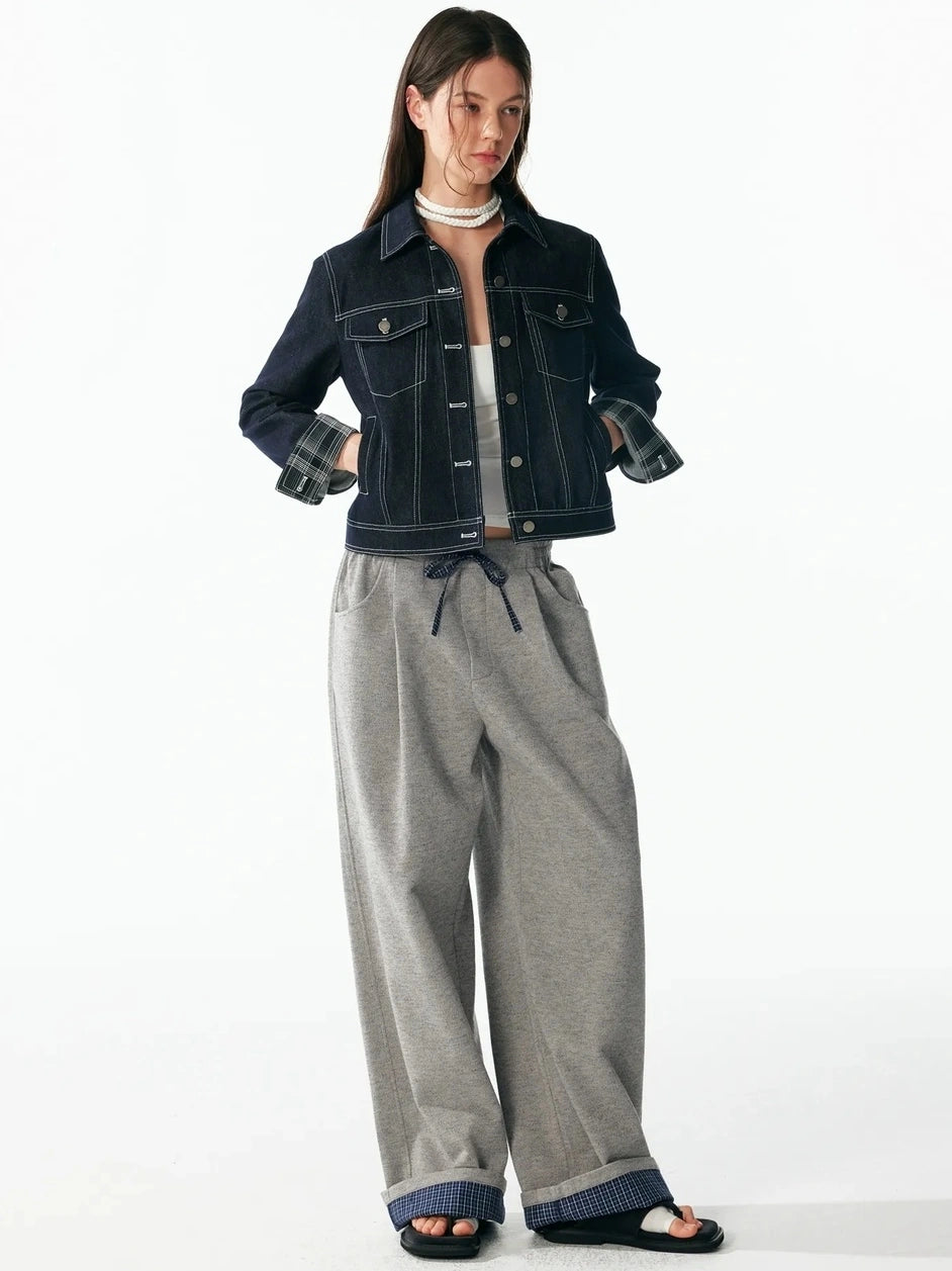 ALINNV STUDIO Vintage Washed Denim Jacket With Contrast Stitching And Plaid Cuff Jacket