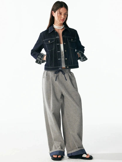 ALINNV STUDIO Vintage Washed Denim Jacket With Contrast Stitching And Plaid Cuff Jacket