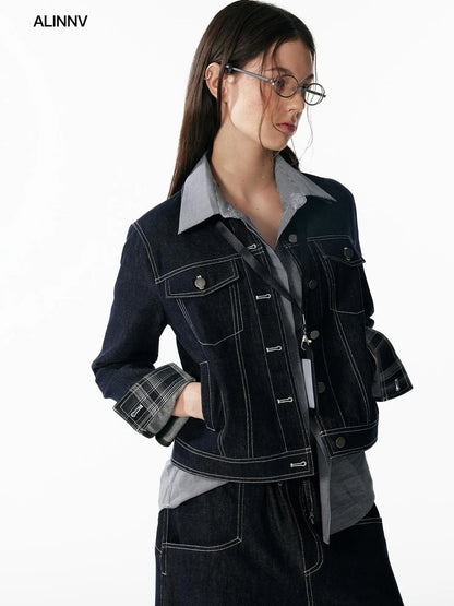 ALINNV STUDIO Vintage Washed Denim Jacket With Contrast Stitching And Plaid Cuff Jacket
