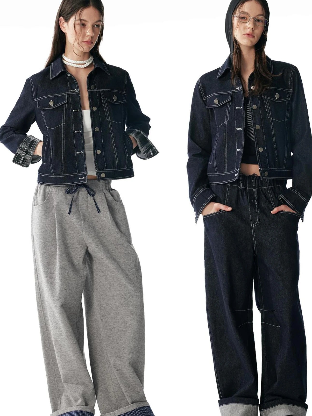 ALINNV STUDIO Vintage Washed Denim Jacket With Contrast Stitching And Plaid Cuff Jacket