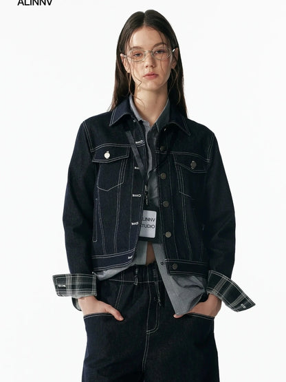 ALINNV STUDIO Vintage Washed Denim Jacket With Contrast Stitching And Plaid Cuff Jacket